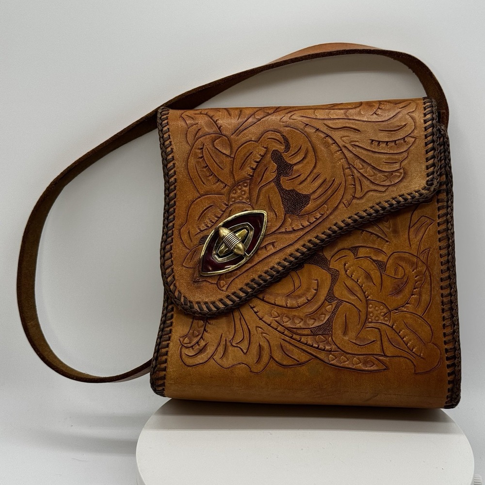 Vintage Hand Tooled Leather Shoulder Bag Handbag Brown Floral Brass Closure